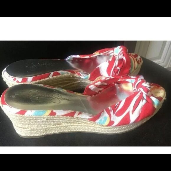 Jessica Simpson’s Red Floral Straw Wedge Sandals For Women Size 9.5 - Picture 1 of 6